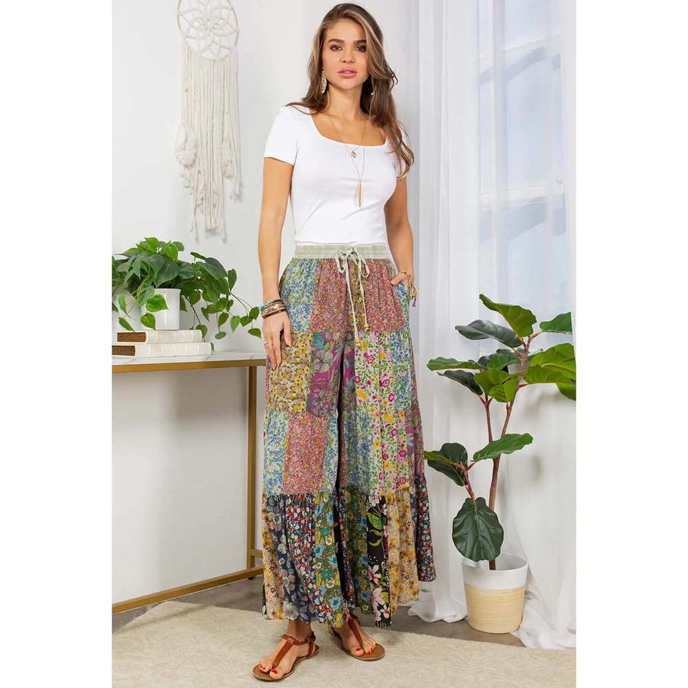 NWT Young Threads Patchwork Wide Leg Boho Pants Green Small Spring